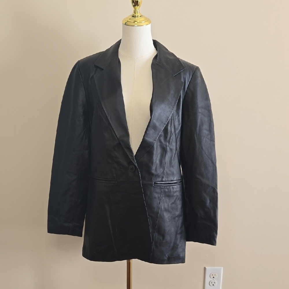 Denim & Co Black Leather Blazer Jacket – Classic Timeless Outerwear Medium Y2K - Picture 1 of 4